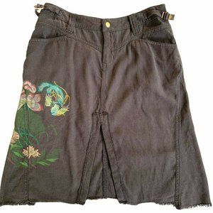NWOT Da-Nang Surplus Skirt Knee Length Charcoal Floral Painted Silk M XS Y2K
